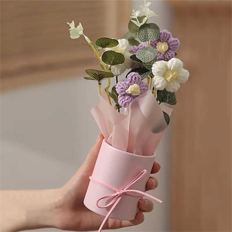 Handmade Woven Yarn Artificial Flower Bouquet - 1 Set Including Fabric Woven Flowers Plastic Bucket Wrapping Paper 5 Yarn Crochet Flowers - Suitable for Gifts Home Decoration4