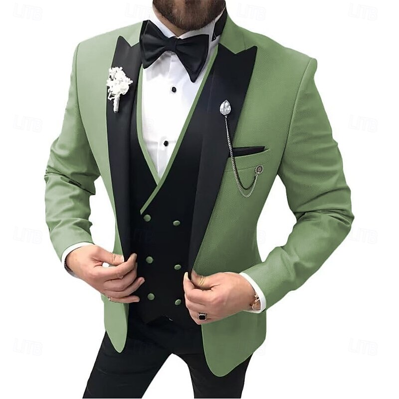 Men's Wedding Prom Party Suits Peaked Lapel Champagne Red Fashion Formal Solid Colored Standard Fit 3 Piece Single Breasted One-button2