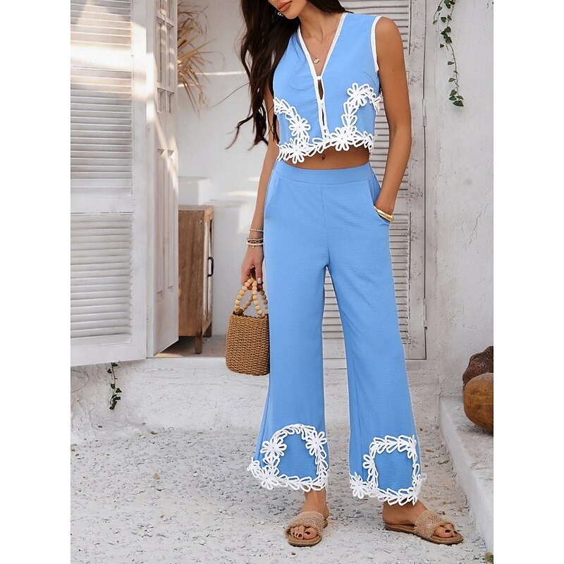 Women's Active Boho Shirt Pants Sets Sleeveless V Neck Solid Color Lace Patchwork Casual Daily Black Army Green Blue Summer Regular Fit3
