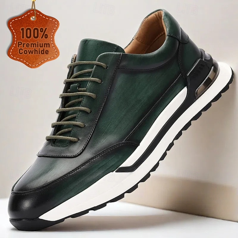 Men's Premium Cowhide Athletic Shoes in Dark Green & Black, Stylish Sporty Design for Casual & Active Wear