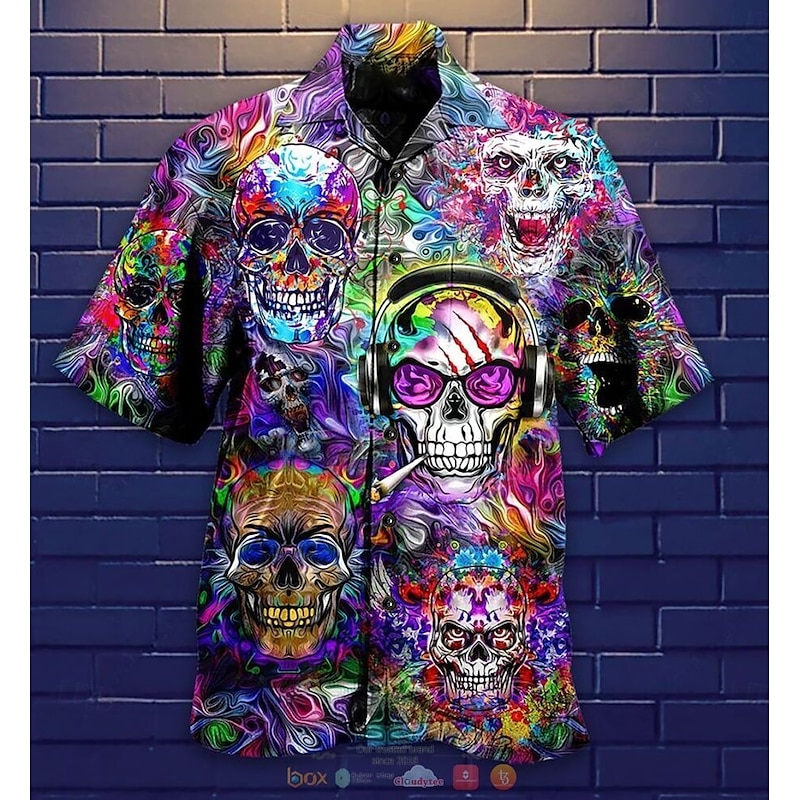 Men's Music Hippie Shirt Summer Hawaiian Shirt Button Up Shirt Short Sleeve Sports Fashion Streetwear Casual Hawaiian Holiday Summer Spring Cuban Collar Print Button-Down White Black / Green Yellow