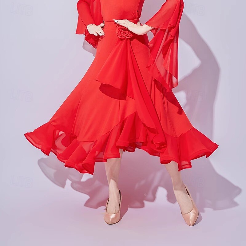 Ballroom Dance Skirts Pure Color Splicing Women's Performance Training Mesh Milk Fiber