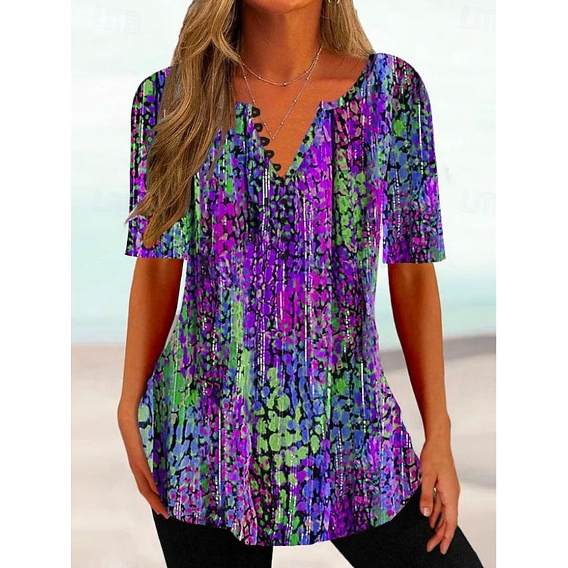 Women's T Shirt Ombre Floral Basic Short Sleeve Round Neck Regular Tops Daily Going out Weekend Buttons Print Blue Purple Fuchsia Summer Spring
