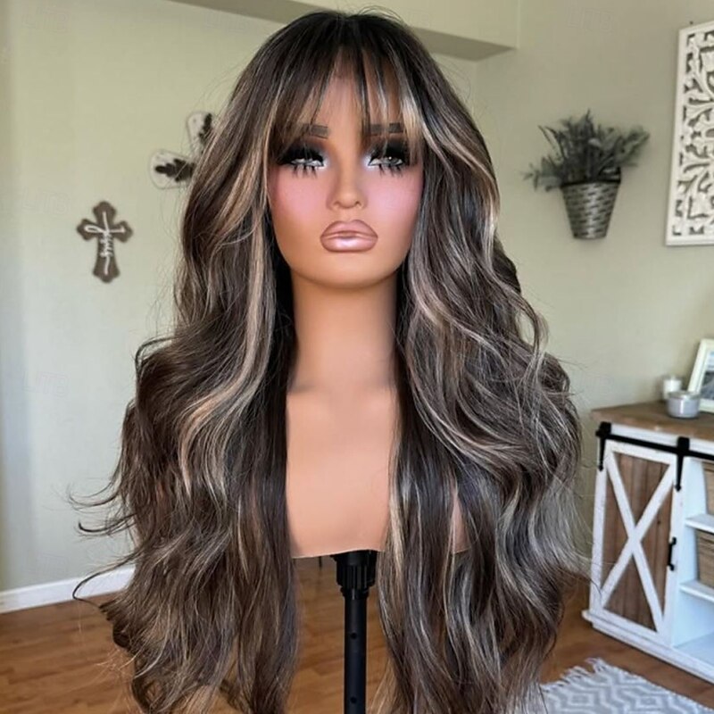 Unprocessed Virgin Hair 5x5 Closure 13x4 Lace Front Wig With Bangs Brazilian Hair Wavy Blonde Auburn Multi-color Wig 130% 150% Density Highlighted / Balayage Hair 100% Virgin Glueless For Women Long2