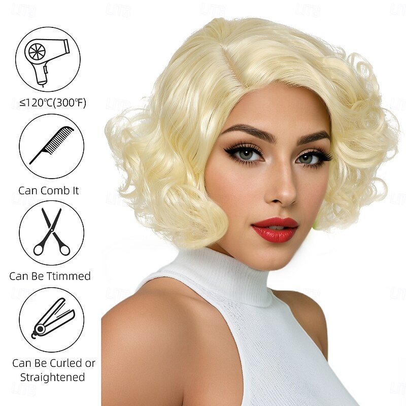Synthetic Wig Curly Wavy Asymmetrical Neat Bang Machine Made Wig 12 inch A1 Synthetic Hair Women's Classic Comfortable Color Gradient Blonde Halloween Wigs2