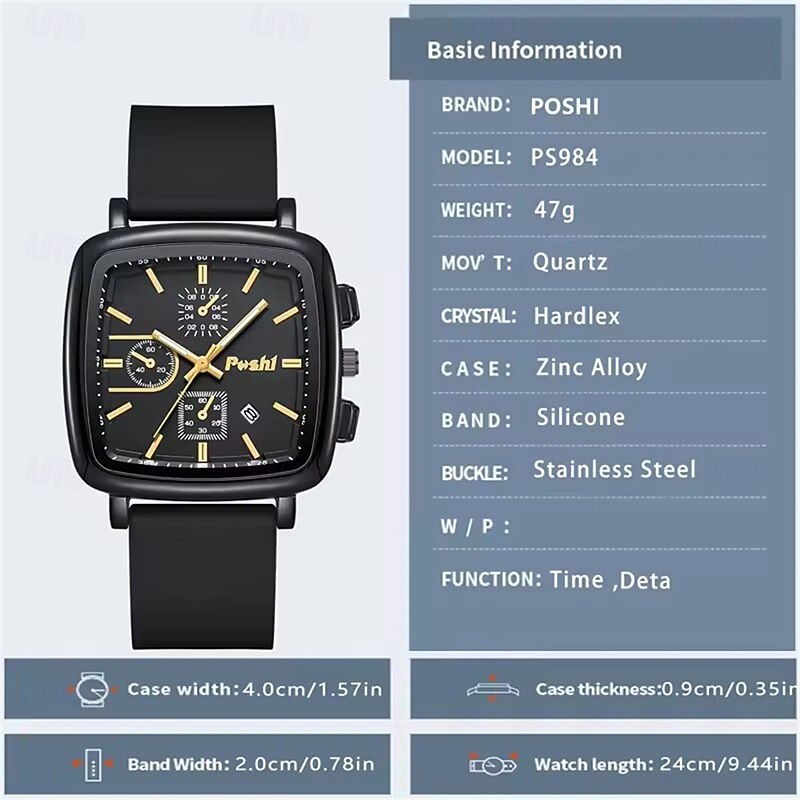 POSHI Men's and Women's Fashionable Three Eye Six Pin Decorative Casual Calendar Silicone Quartz Watch4