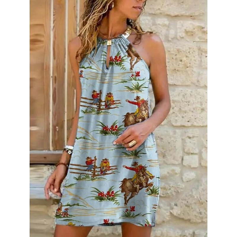 Women's Mini Dress Summer Dress Halter Dress Casual Boho Daily Regular Fit Graphic Sleeveless Crew Neck Blue Summer