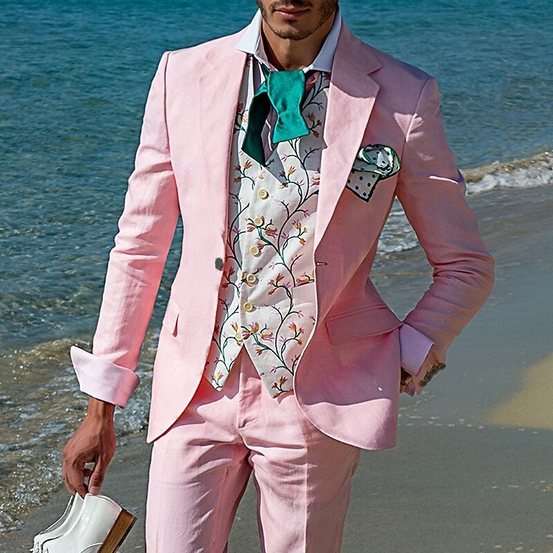 Men's Beach Wedding Linen Suits Notch Lapel Pink Sky Blue Casual Street Style Solid Colored Standard Fit 2 Piece Single Breasted One-button2