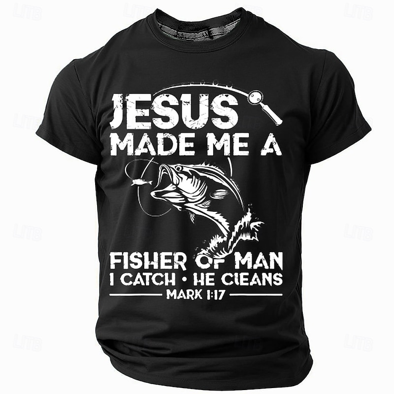 Men's Fishing Christian Graphic T-Shirt - "Jesus Made Me a Fisher of Man" Mark 1:17 Quote Short Sleeve Tee3