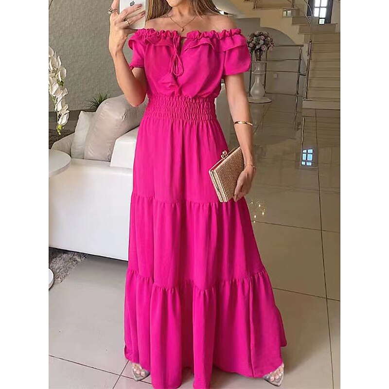 Women's Maxi Dress A Line Dress Milkmaid Dress Off The Shoulder Dress Puff Sleeve Dress Vacation Outdoor Daily Regular Fit Solid Color Short Sleeve Off Shoulder Black Yellow Red2