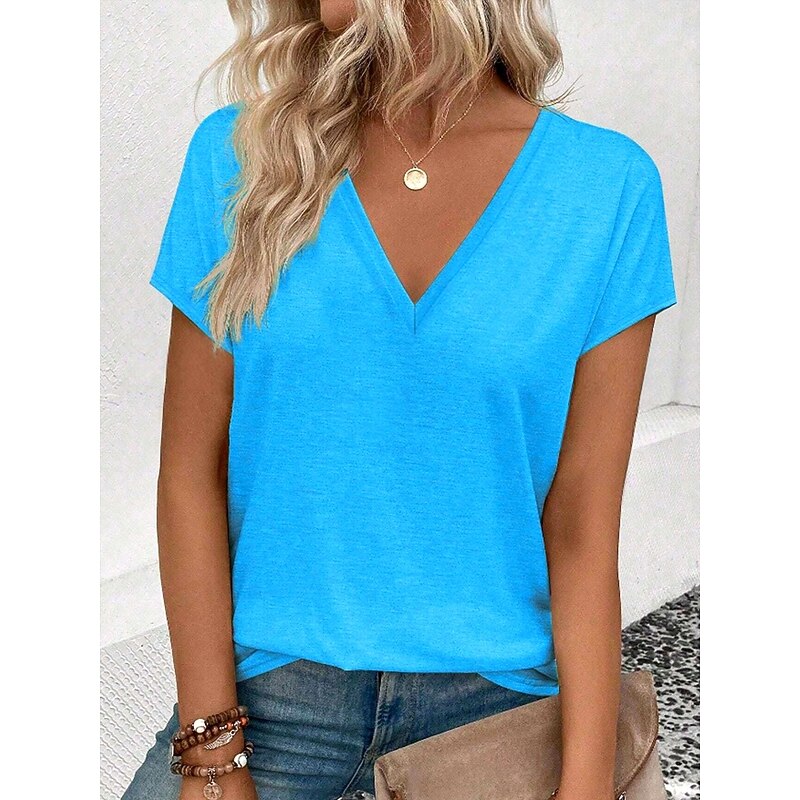 Women's T Shirt Solid Color Casual Short Sleeve V Neck Regular Tops Daily Going out Weekend Print Black Blue Summer3