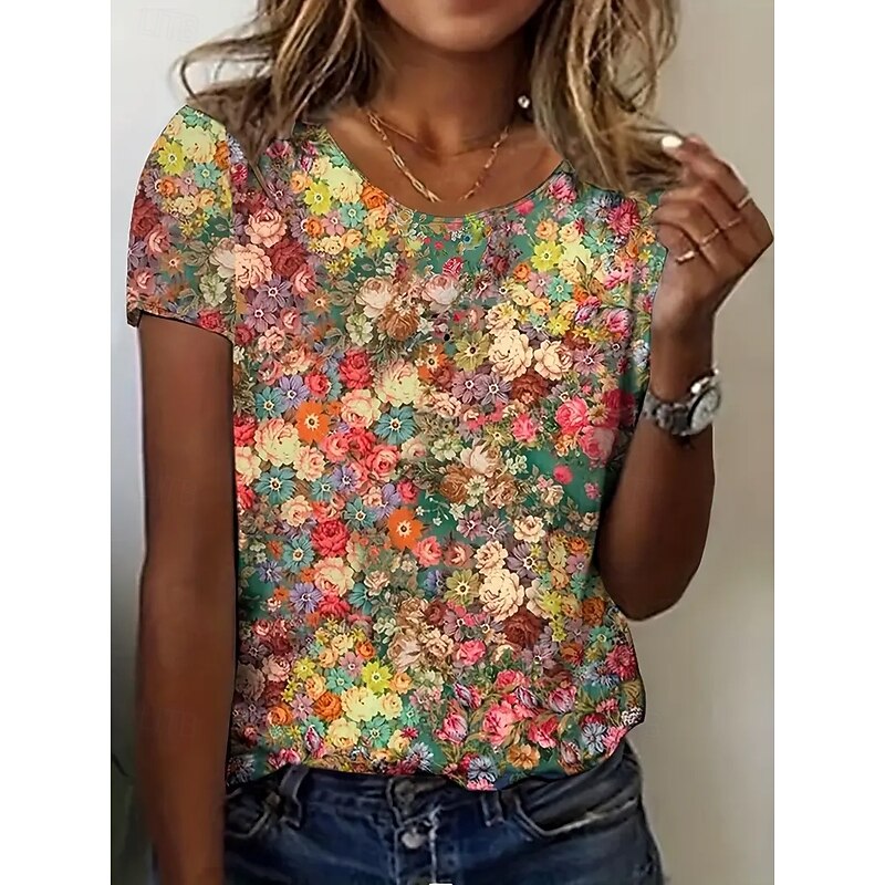 Women's T Shirt Summer Tops Floral Graphic Classic Casual Short Sleeve Crew Neck Crop Tops Daily Weekend Print Rainbow Summer Spring Fall