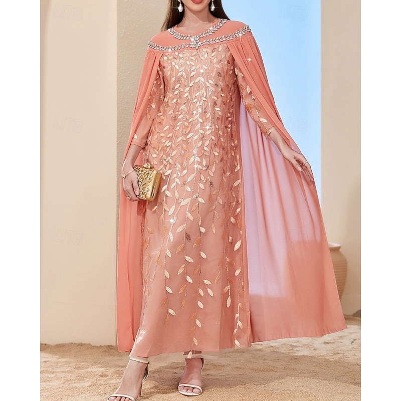 A-Line Cape Dress Mother of the Bride Dress Elegant Vintage Party Crew Neck Floor Length Chiffon Long Sleeve with Beading Embroidered Lace Applique3