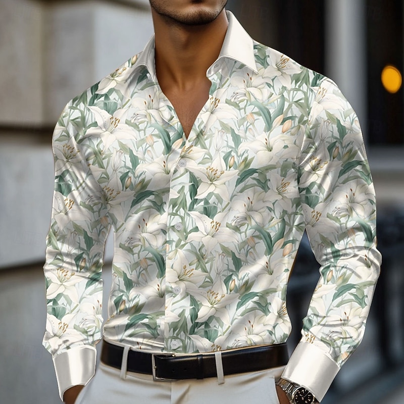 Easter Men's Floral Print Lily Flowers Satin Shirt Dress Shirt Button Up Shirt Long Sleeve Fashion Casual Vacation Holiday Summer Spring Fall Turndown Collared Shirts 3D Print White Green4