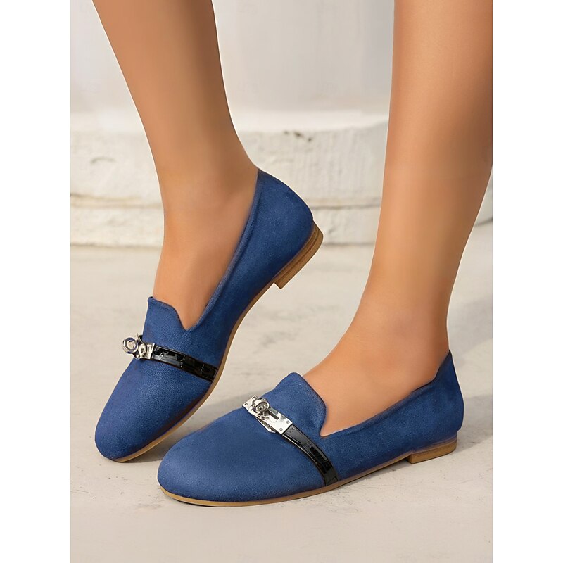 Women's Faux Suede Loafers - Stylish Flat Shoes with Patent Leather Buckle for Work & Casual Outfits