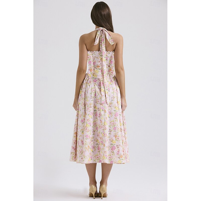 Retro Vintage Medieval Renaissance Midi Dress Flare Dress Halter Regency Inspired Floral Fancy Dress Women's Masquerade Wedding Vacation Casual Daily Adults' Dress Summer4