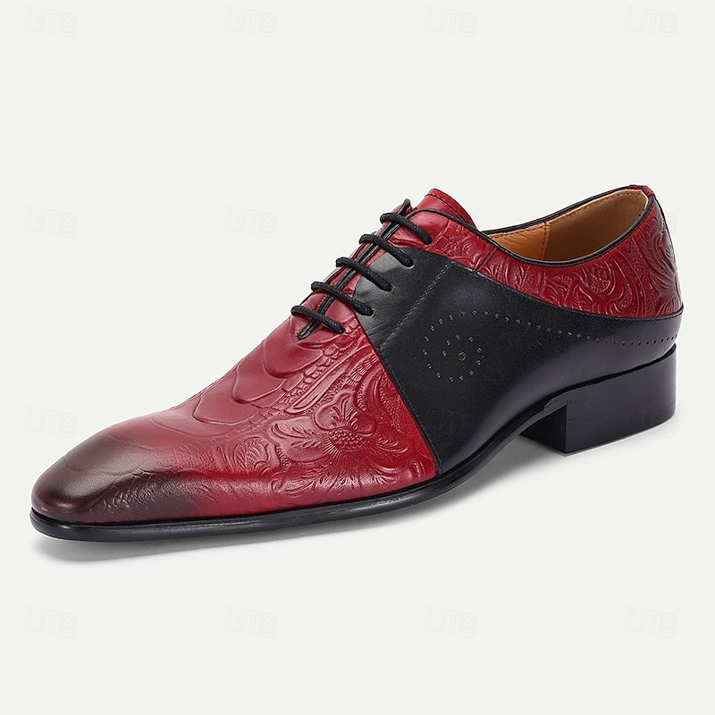 Men's Premium Cowhide Leather Oxfords, Classic Red with Brogue Detailing, Suitable for Business and Formal Events4