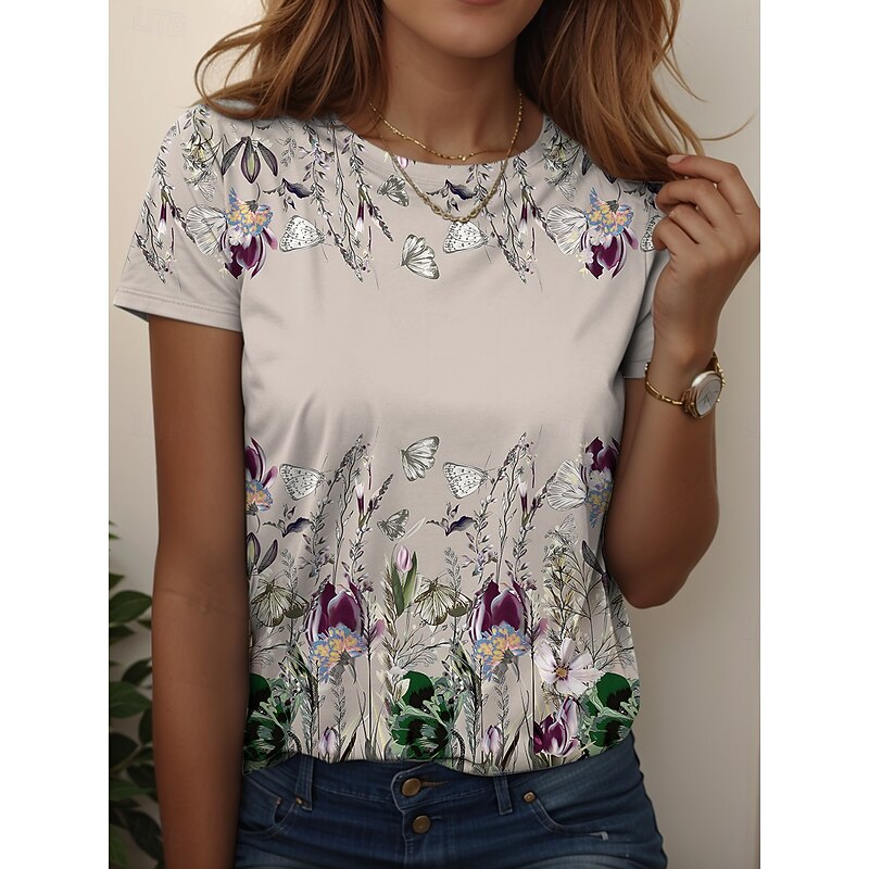 Women's T Shirt Floral Graphic Stylish Casual Short Sleeve Round Neck Regular Tops Daily Weekend Print Black Blue Khaki Summer Spring2