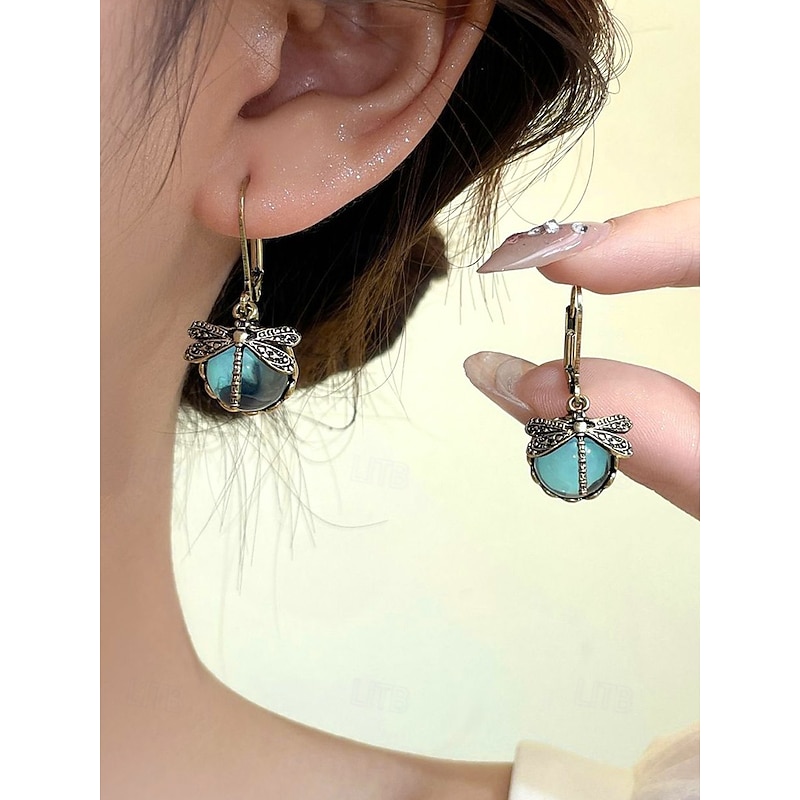 Intage Dragonfly Dangle Earrings for Women – Gold Plated Boho Drop Earrings with Blue Glass Beads, Nature-Inspired Jewelry for Casual, Party and Gift Occasions2