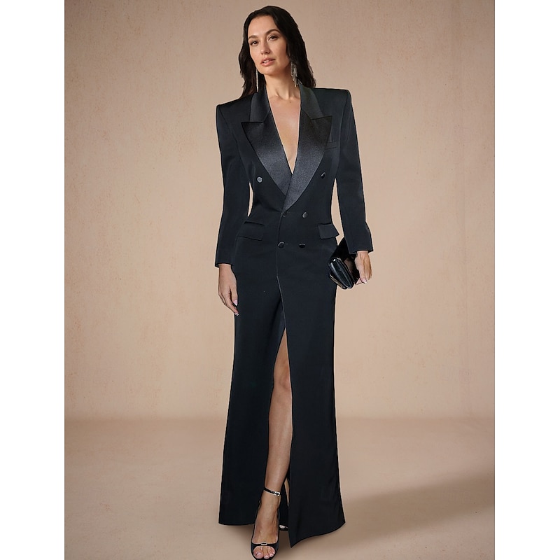 Tuxedo Dress Mermaid / Trumpet Mermaid Wedding Guest Satin Elegant Long Sleeve Floor Length Split Thigh Notch lapel collar Double Breasted
