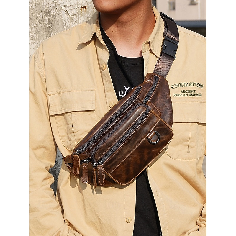 Men's Vintage Leather Sling Bag Fanny pack– Crossbody Chest Pack with Multiple Zipper Pockets, Adjustable Strap, Stylish Travel & Everyday Waist Bag Black Brown2