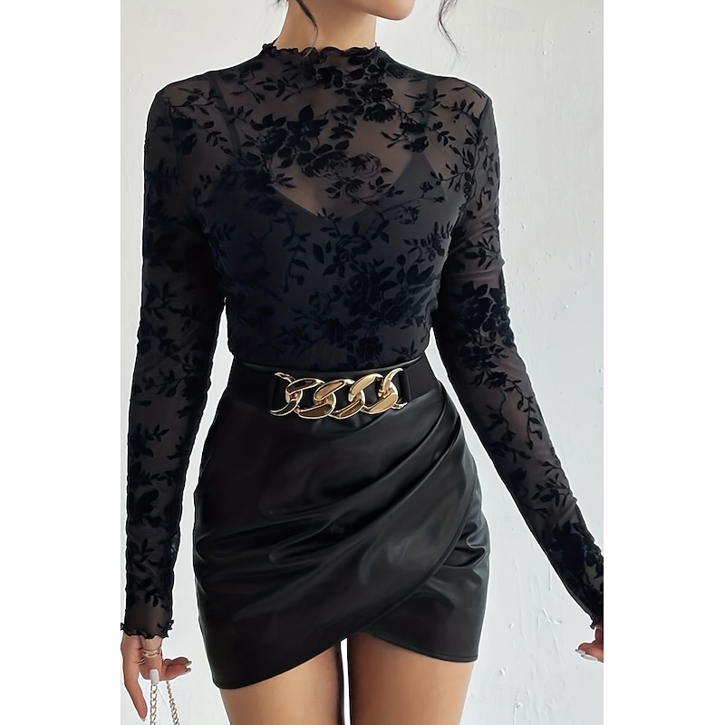 Women's Blouse Plain Stylish Long Sleeve High Neck Regular Tops Holiday Going out Mesh Black Navy Blue Summer - Main Image