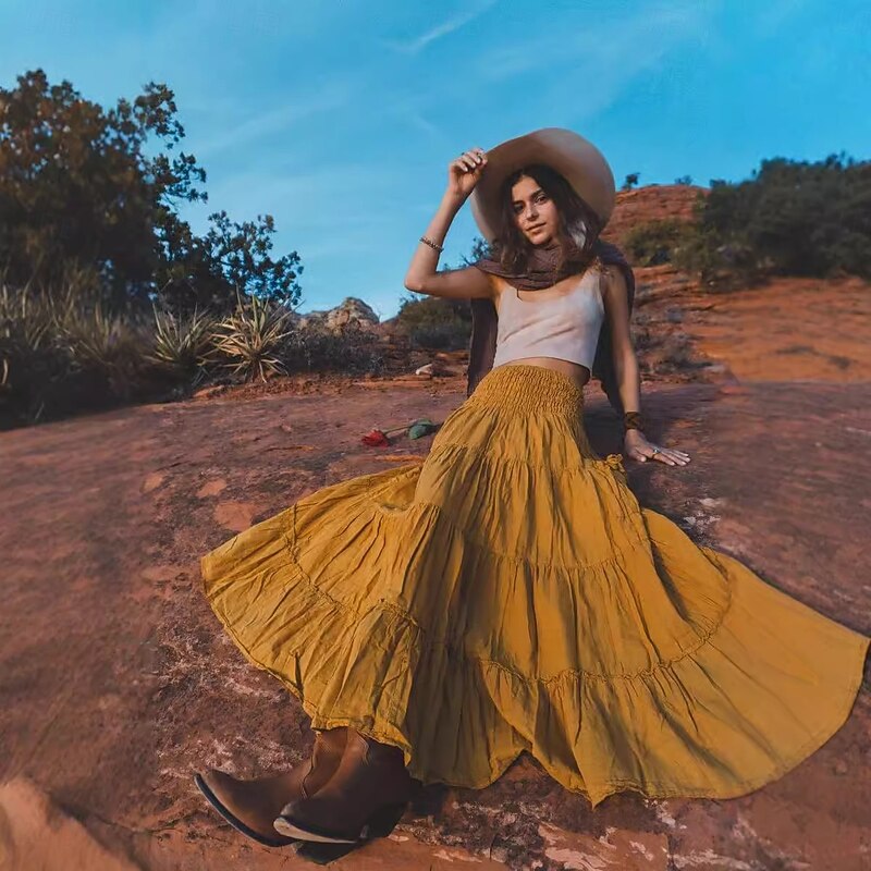 Retro Vintage Medieval Renaissance Maxi Skirt Vikings Elven Elastic Waist Regency Inspired Solid Color Fancy Dress Women's Fantasy Masquerade Vacation Casual Daily LARP Adults' Skirt Spring & Summer4