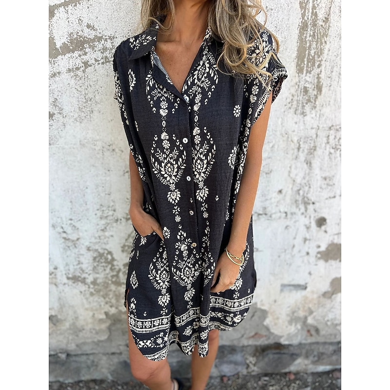 Women's Cotton Linen Mini Dress Shirt Dress Elegant Dress Basic Casual Vacation Daily Regular Fit Graphic Short Sleeve Shirt Collar Black Green Apricot Summer