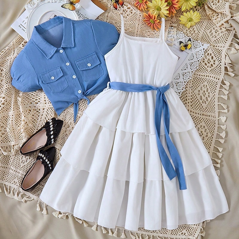 2 Pieces Kids Girls' Solid Color Dress Suits Set Sleeveless Fashion School 7-13 Years Summer White