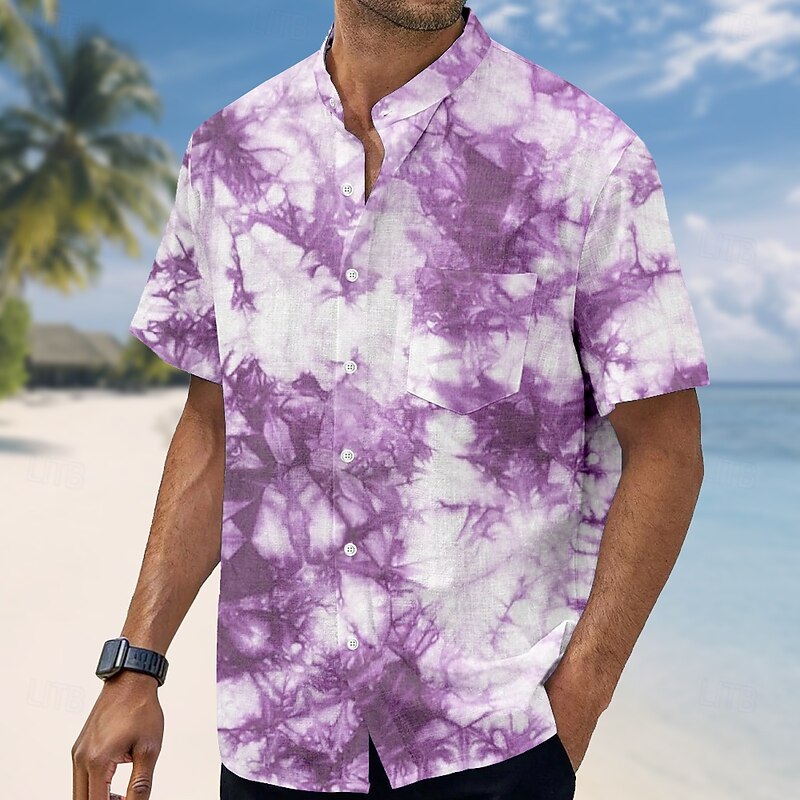 Men's Tie Dye Print Shirt Stand Collar Shirt Short Sleeve Fashion Casual Vacation Holiday Beach Wear Summer Spring Mandarin Collar Band Collar Grandad Collar Button Up 3D Print Linen Like Shirt Red2