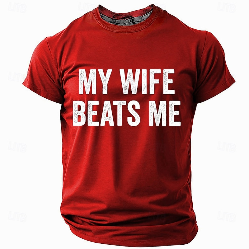 Men's Funny Graphic T-Shirt with 'My Wife Beats Me' Slogan - Husband Humor Short Sleeve Tee2