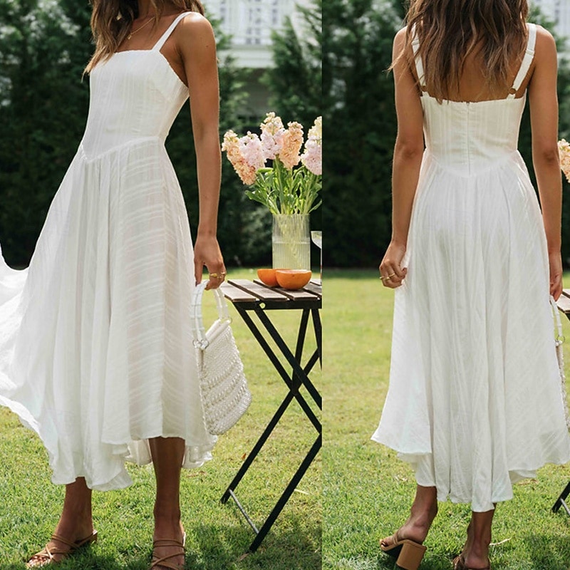 Women's Midi Dress White Dress Graduation Dress Slip Dress Fashion Birthday Holiday Date Regular Fit Plain Sleeveless Spaghetti Strap White Summer2