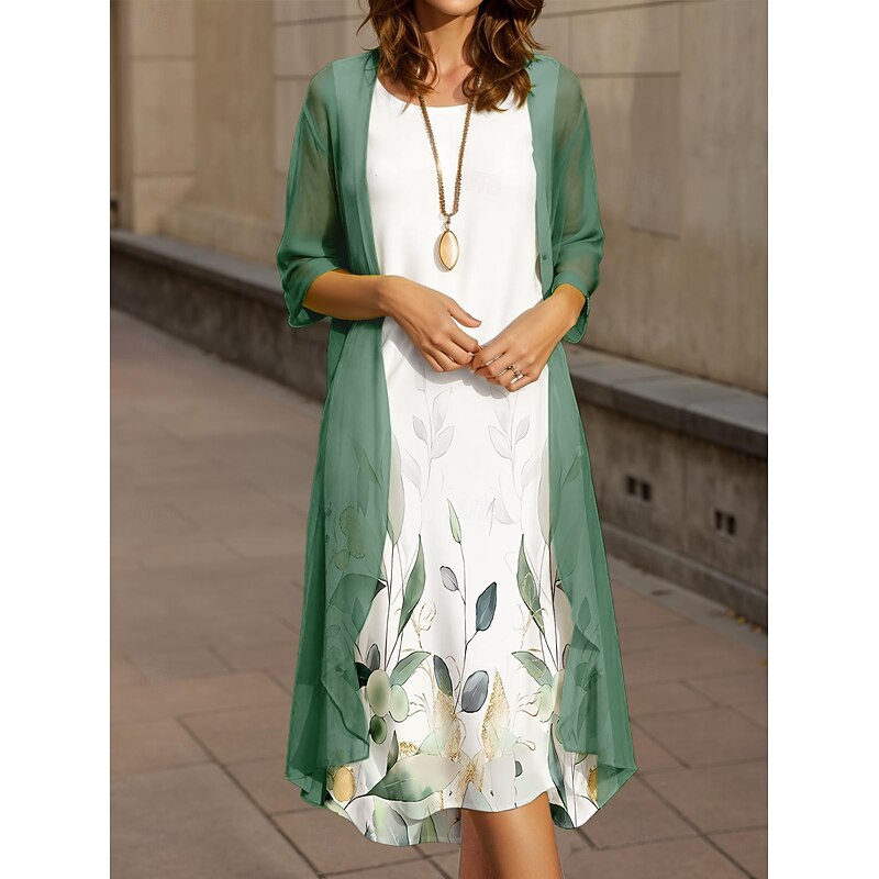Women's Graduation Midi Dress 2 Pieces Dress Set A Line Dress Summer Dress Vacation Casual Floral Graphic Pleated Print Half Sleeve Crew Neck Vacation Daily Army Green Spring Fall Loose Fit