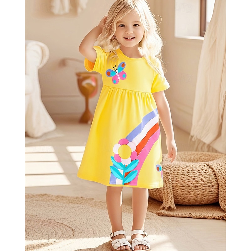 Kids Girls' Dress Flower Short Sleeve Outdoor Casual Fashion Adorable Polyester Knee-length Casual Dress A Line Dress Summer Spring 4 years+ Yellow