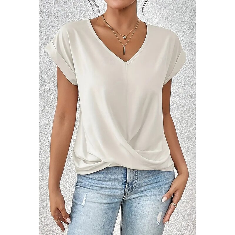 Women's Blouse Plain Modern Casual Short Sleeve V Neck Regular Tops Daily Going out Ruched Blush Pink Black White Wine Summer3