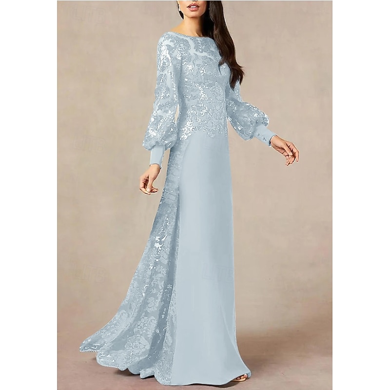A-Line Mother of the Bride Dress Formal Wedding Guest Elegant Jewel Neck Floor Length Chiffon Sequined Long Sleeve with Sequin