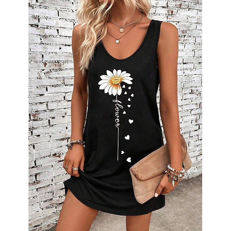 Women's Mini Dress A Line Dress Summer Dress Off The Shoulder Dress Vacation Casual Daily Loose Fit Floral Graphic Sunflower Sleeveless U Neck Black Summer