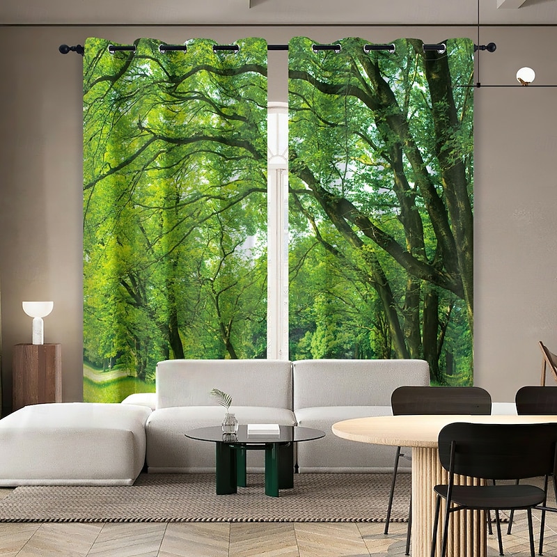 Green Healing Series Natural Forest Landscape Insulation Outdoor Balcony Rest Living Room Home Decoration 2-piece Set 3D Digital Printing Perforated Sunshade Curtains4