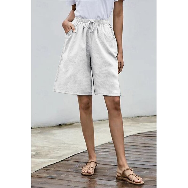 Women's Cotton Linen Shorts Shorts Slacks Streetwear Casual Short Natural Plain Pocket Elastic Drawstring Design Comfy Comfortable Street Going out Grey Navy Black White Summer Regular Fit2
