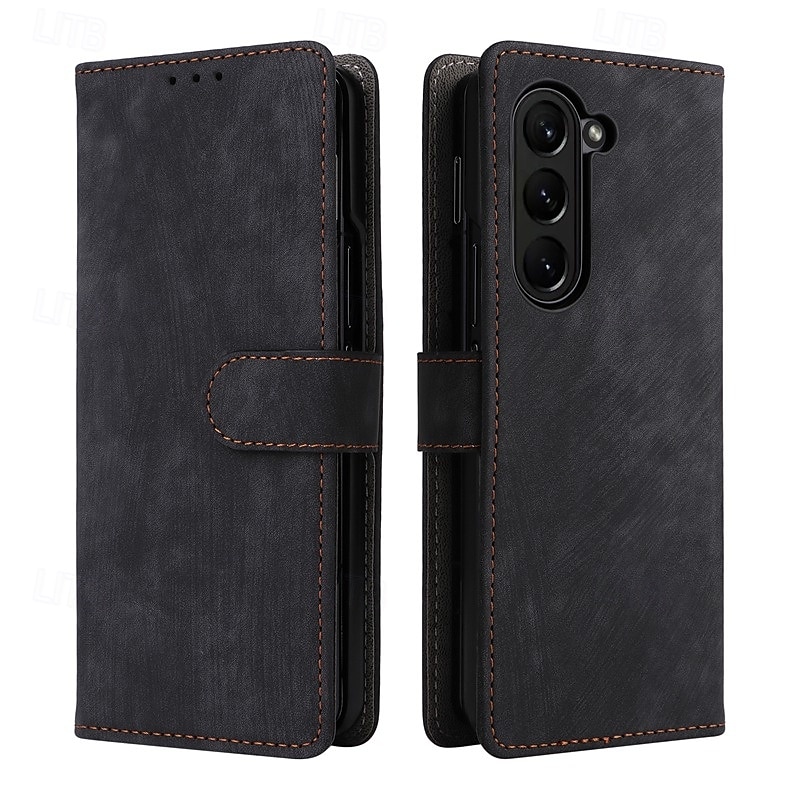 Phone Case For Samsung Galaxy Z Fold 6 Z Fold 5 Z Fold 4 Z Fold 3 Flip Cover with Stand Holder with Wrist Strap Card Slot Retro TPU PU Leather4