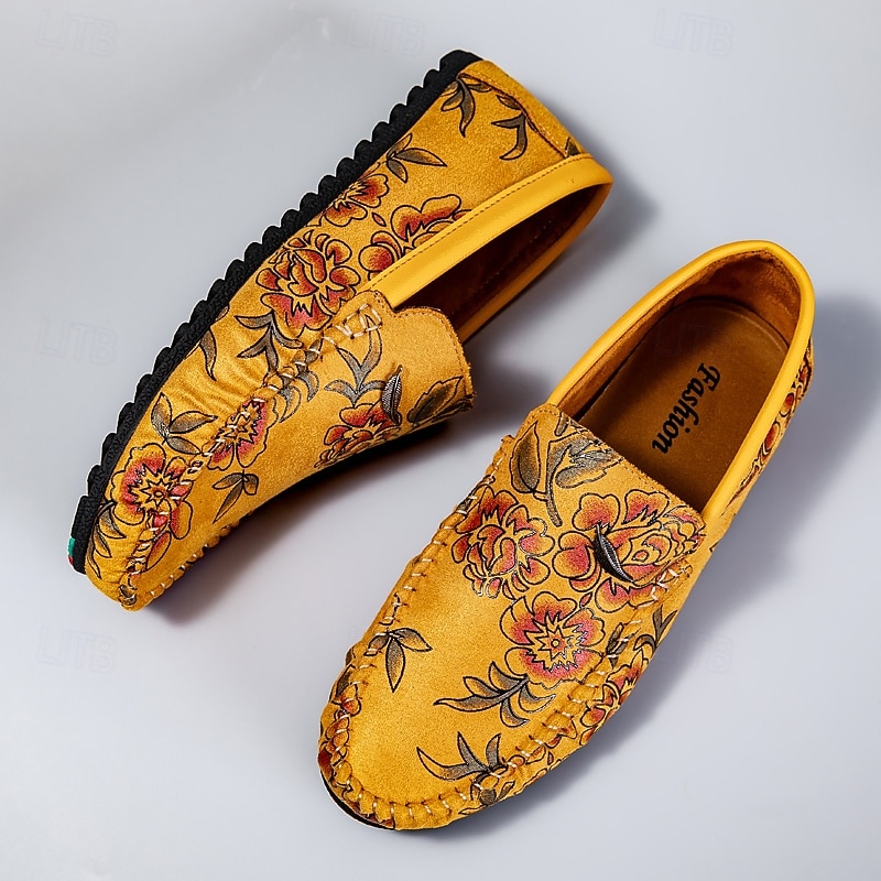 Men's Floral Embroidered Moccasins in Suede Yellow - Stylish Slip-On Shoes Perfect for Casual Outings and Artistic Events2