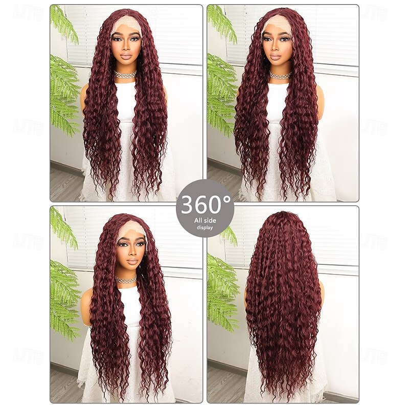 Synthetic Lace Wig Deep Curly Style 32 inch Burgundy Middle Part 13x4x1 T Part Lace Front Wig Women's Wig Wine Red2