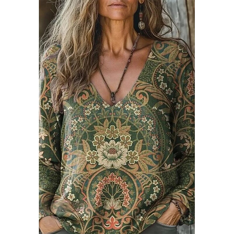 Women's Linen-Inspired Shirts T Shirt Floral Fashion Casual Long Sleeve V Neck Regular Tops Daily Going out Print Red Orange Brown Green Summer2