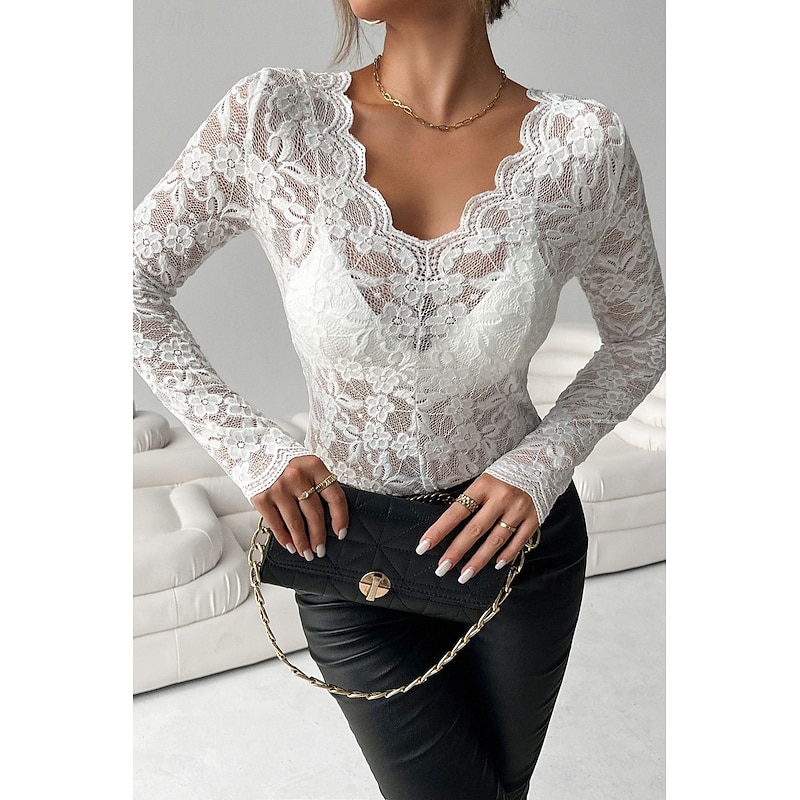 Women's Blouse Lace Tops Plain Stylish Modern Long Sleeve V Neck Regular Tops Holiday Going out Lace Black White Summer3