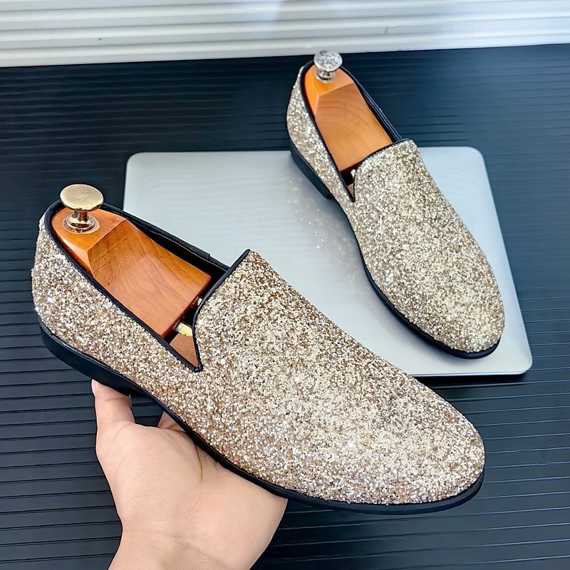 Men's Prom Shoes - Gold Glitter Slip-On Loafers for Glamorous Evening Wear2