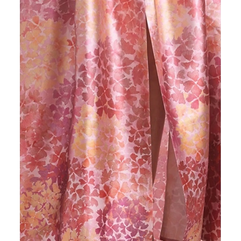 A-Line Mother of the Bride Evening Gown Elegant Dress Formal Wedding Floor Length Half Sleeve Shirt Collar Satin with Floral Print Slit Wedding Guest Dress3