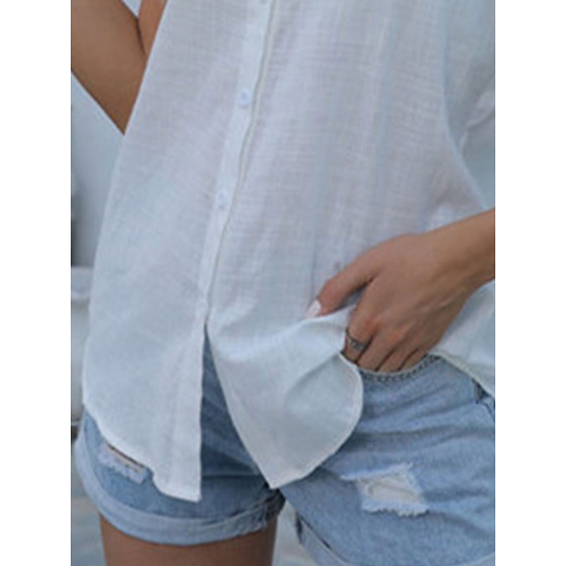 Women's Shirt Blouse Solid Color Daily Stylish Casual Short Sleeve Shirt Collar Regular Tops Daily Linen Like Buttons Black White Pink Gray Summer Spring4