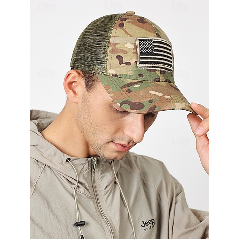 Men's Mesh Camouflage Baseball Cap with American Flag Patch - Tactical style for outdoor enthusiasts and military enthusiasts for daily and field activities