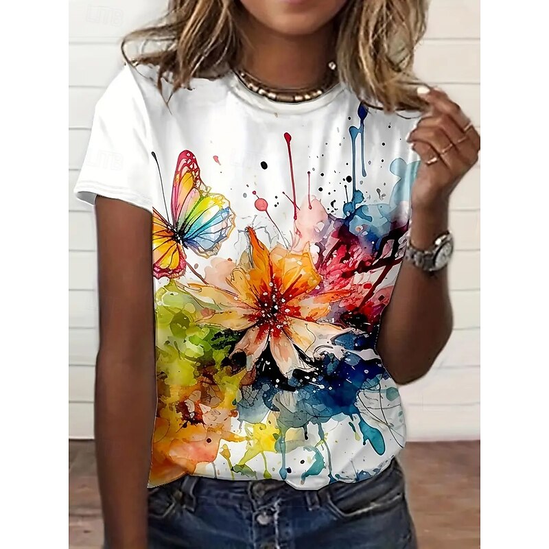 Women's T Shirt Summer Tops Graphic Oil painting flowers Classic Casual Short Sleeve Crew Neck Crop Tops Daily Weekend Print Rainbow Summer Spring Fall