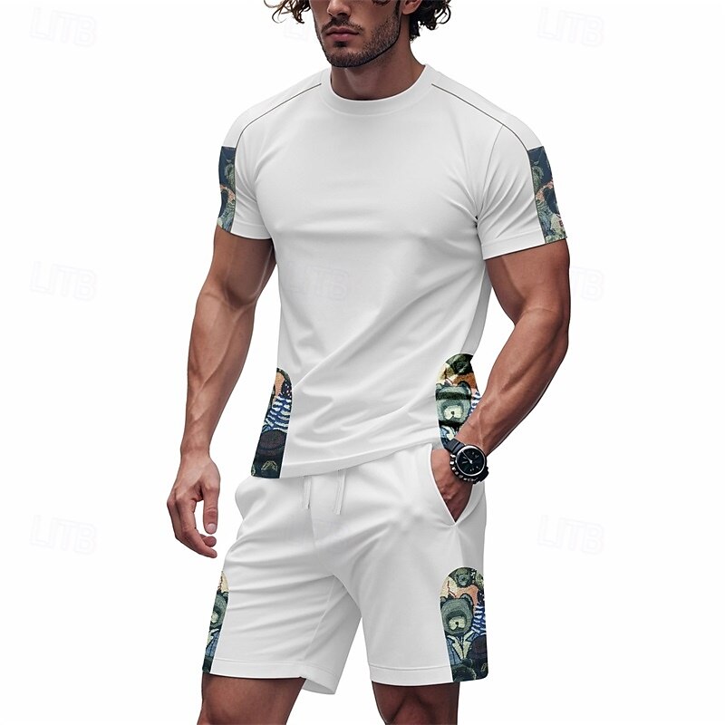 Men's T-shirt Suits 2 Pieces Outfits Tee & Shorts Short Sleeve Crew Neck Summer Graphic Fashion Casual 2 Piece Vacation Daily Wear Going out Black White Brown Top Tee for Men2